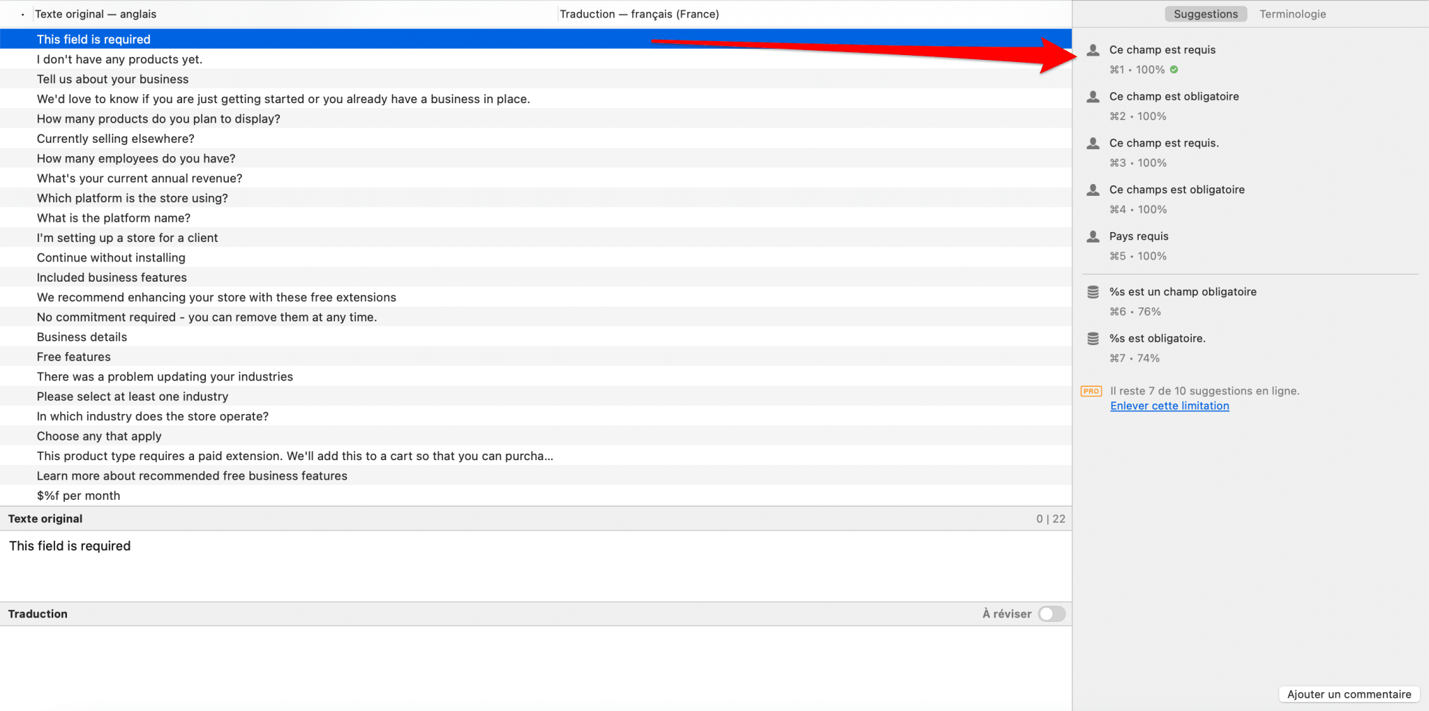Poedit propose des suggestions de traduction pour traduire vos thèmes et extensions WordPress.