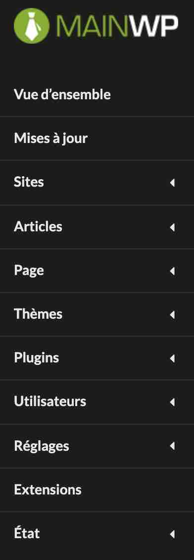 Le menu de réglages de MainWP.