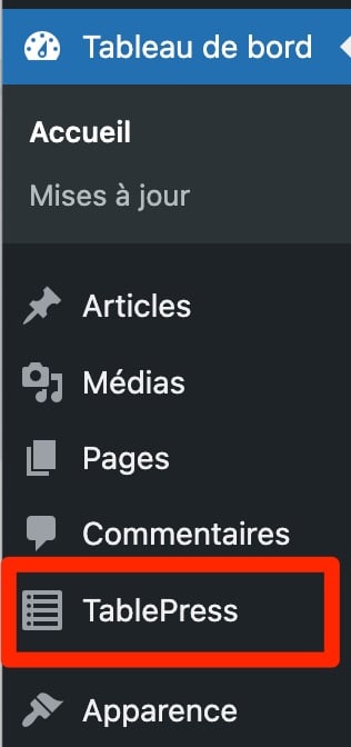Le menu de TablePress sur l'admin WordPress.
