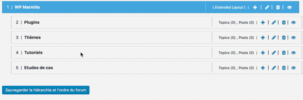 L'interface de l'extension WordPress wpForo Forum, en drag and drop (glisser-déposer).