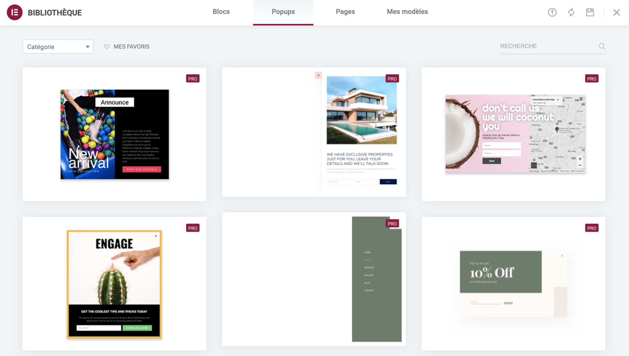 La bibliothèque de popups d'Elementor. 