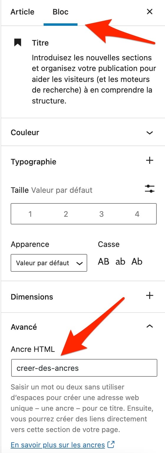 Création d'une ancre HTML sur un bloc Gutenberg dans WordPress.