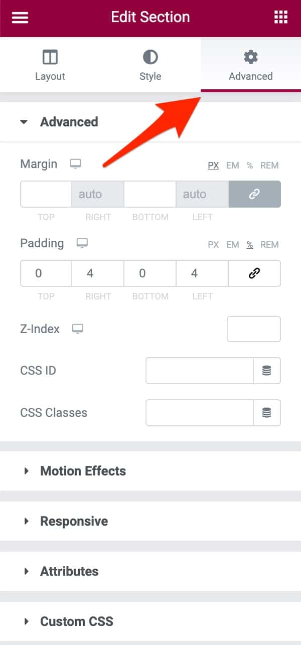 Elementor Advanced tab.