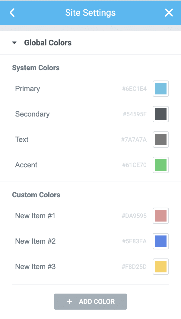 You can define global colors in the Site Settings on the Elementor Design System.