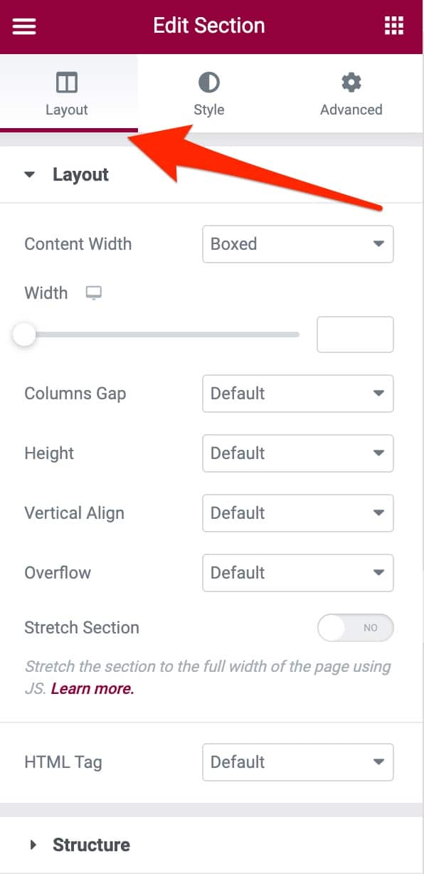 Each section of Elementor can be customized in terms of layout.