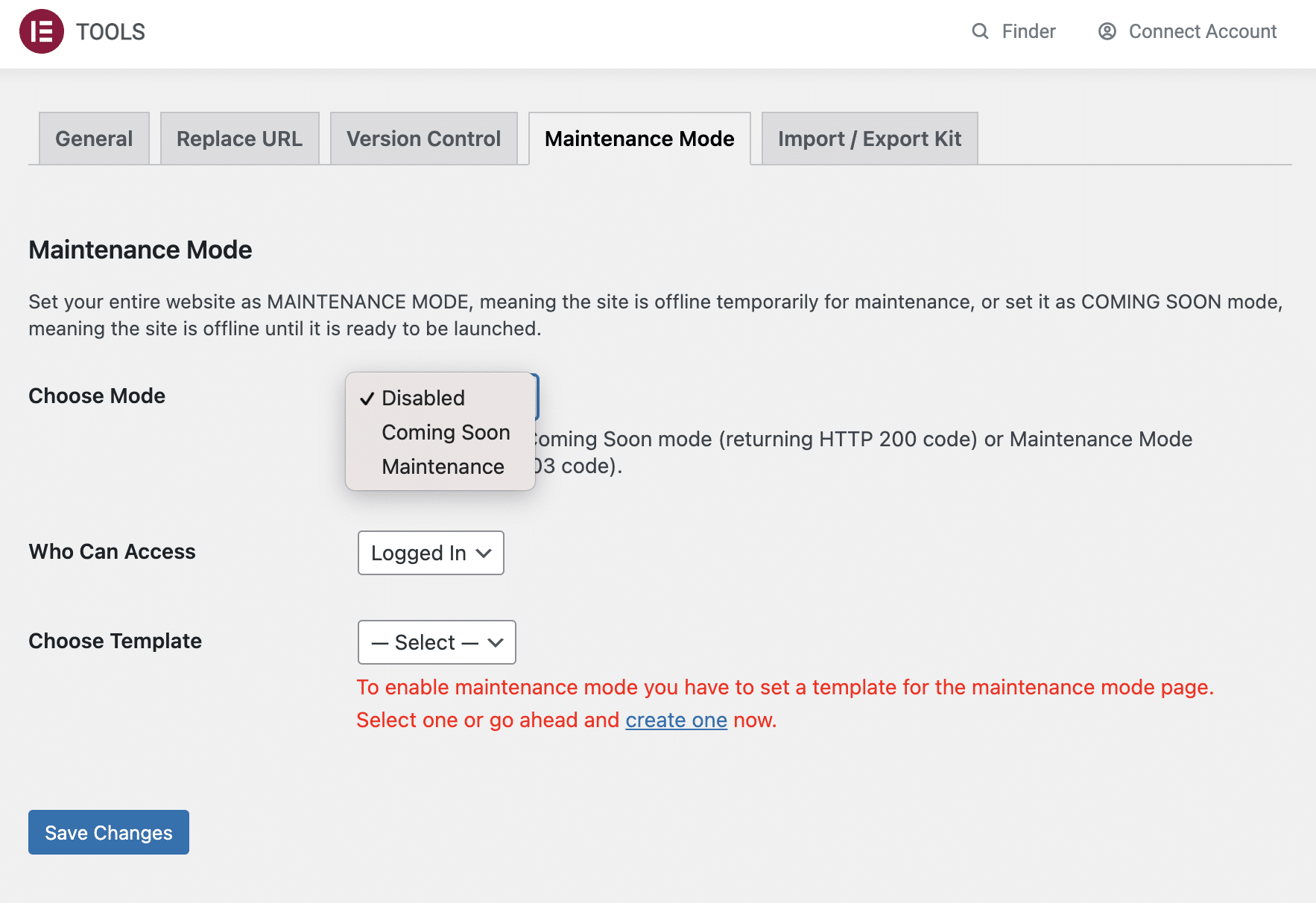 Maintenance Mode settings in Elementor.
