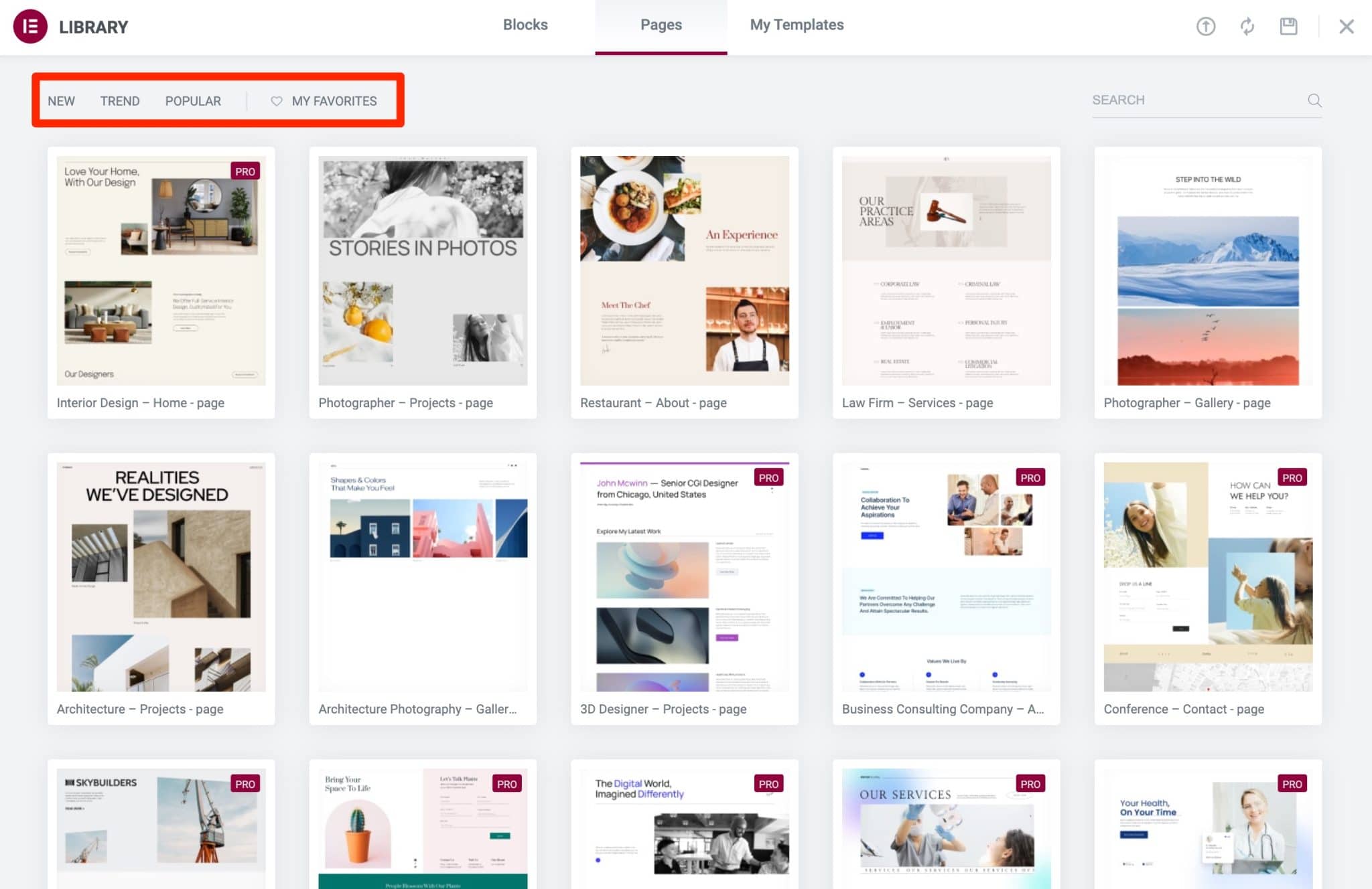 Pages Library of Elementor listing many templates.