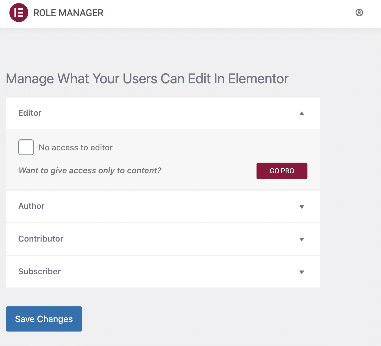 Elementor's Role Manager settings.