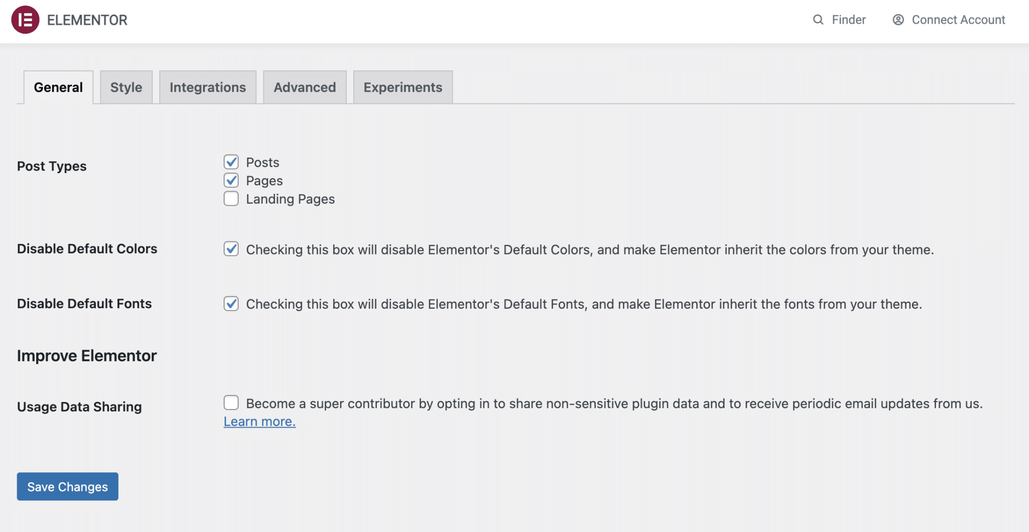 Preview of the Elementor general settings.