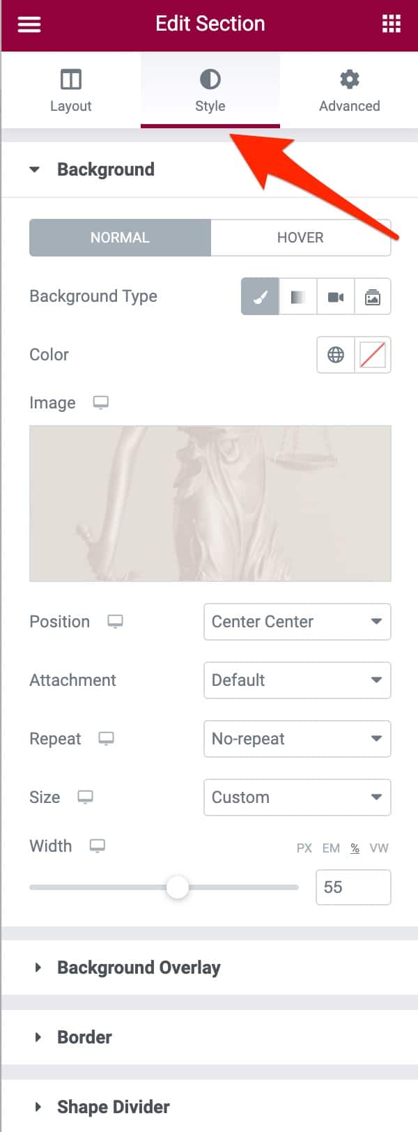 Style tab on Elementor.