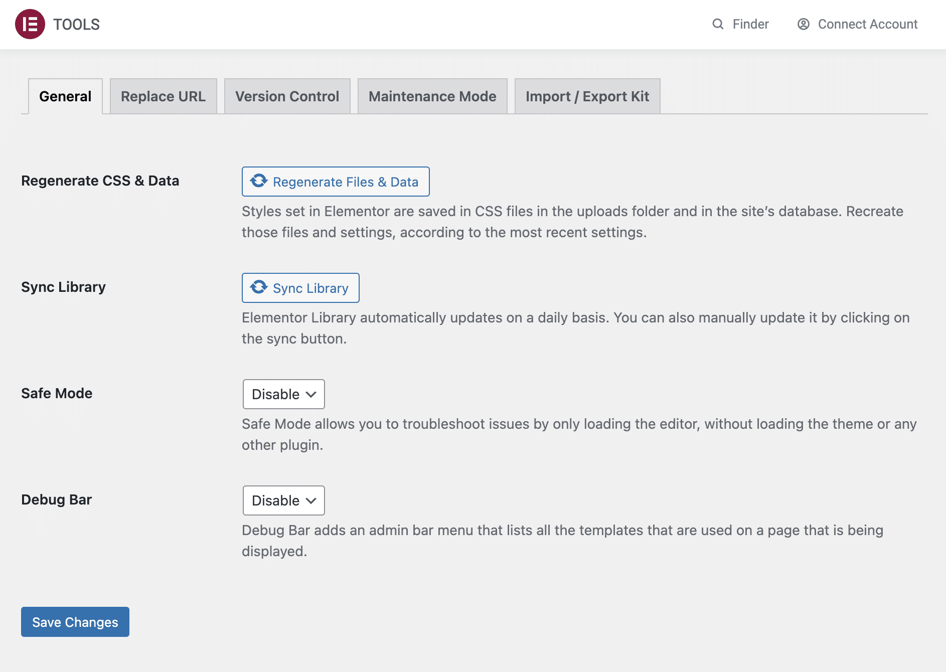 Elementor Tools tabs.
