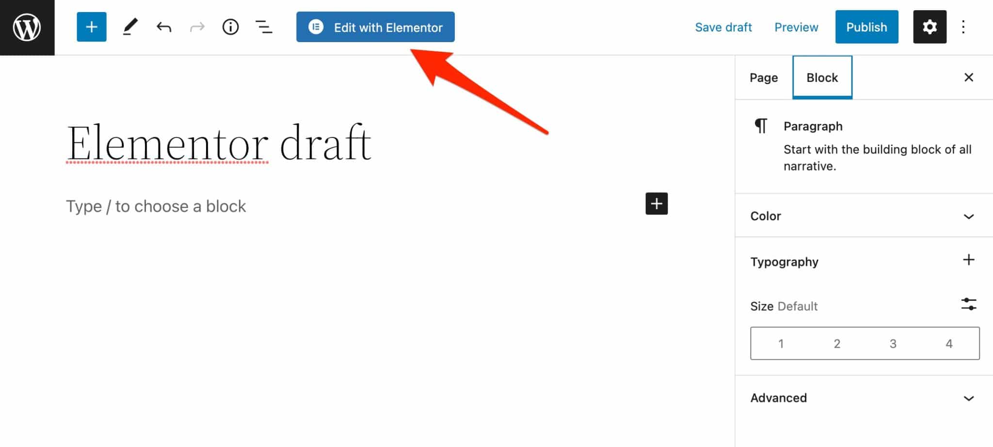 Elementor is activated on a WordPress page from the content editor interface.