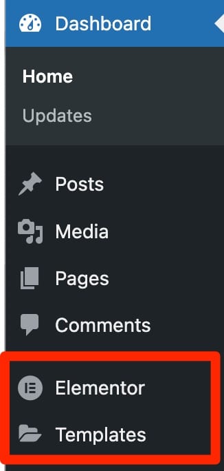 The Elementor menus on the WordPress admin.