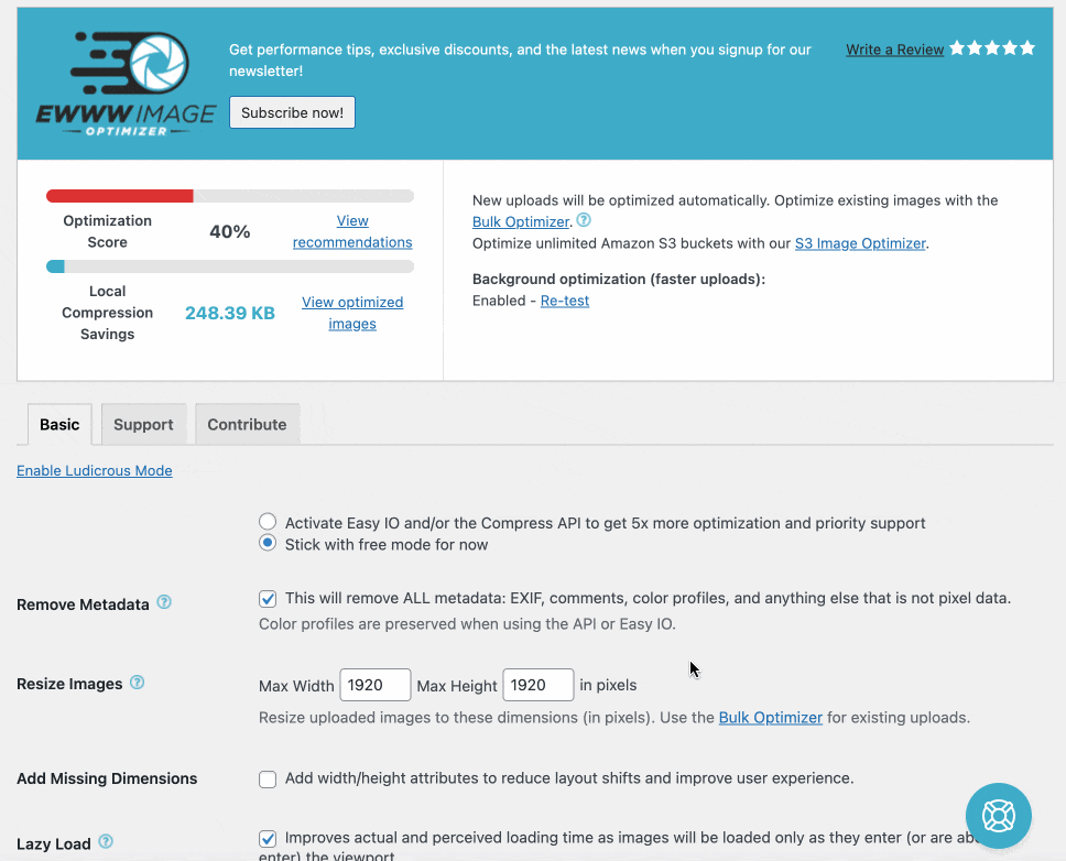 EWWW Image Optimizer plugin menu in WordPress.