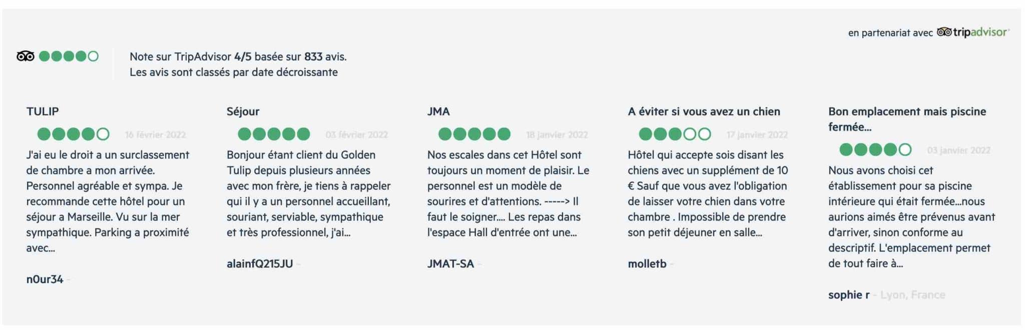 Un exemple d'avis clients issus de la plateforme Tripadvisor.