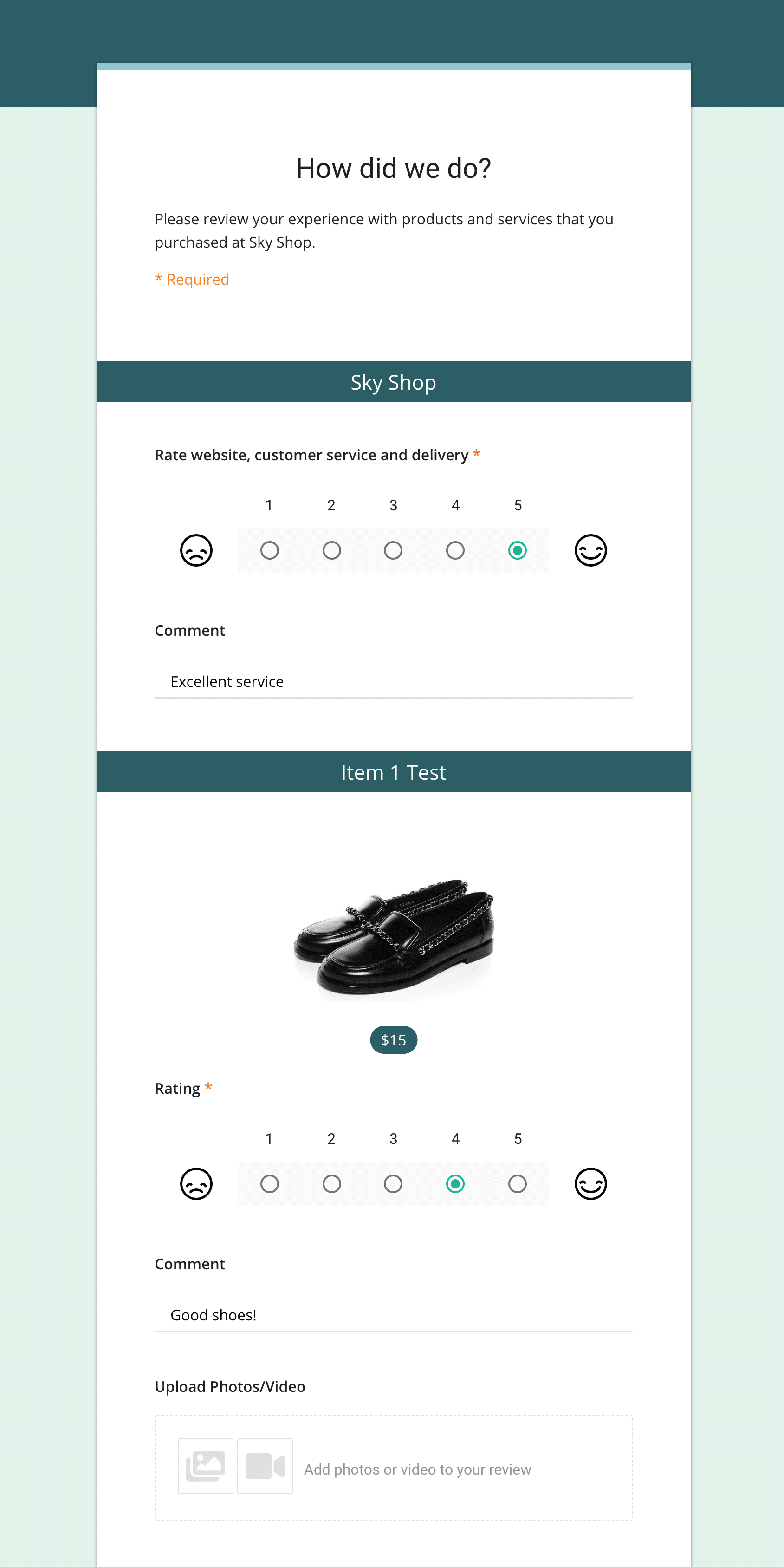 Formulaire de recueil d'avis clients concu avec le plugin Customer Reviews for WooCommerce.
