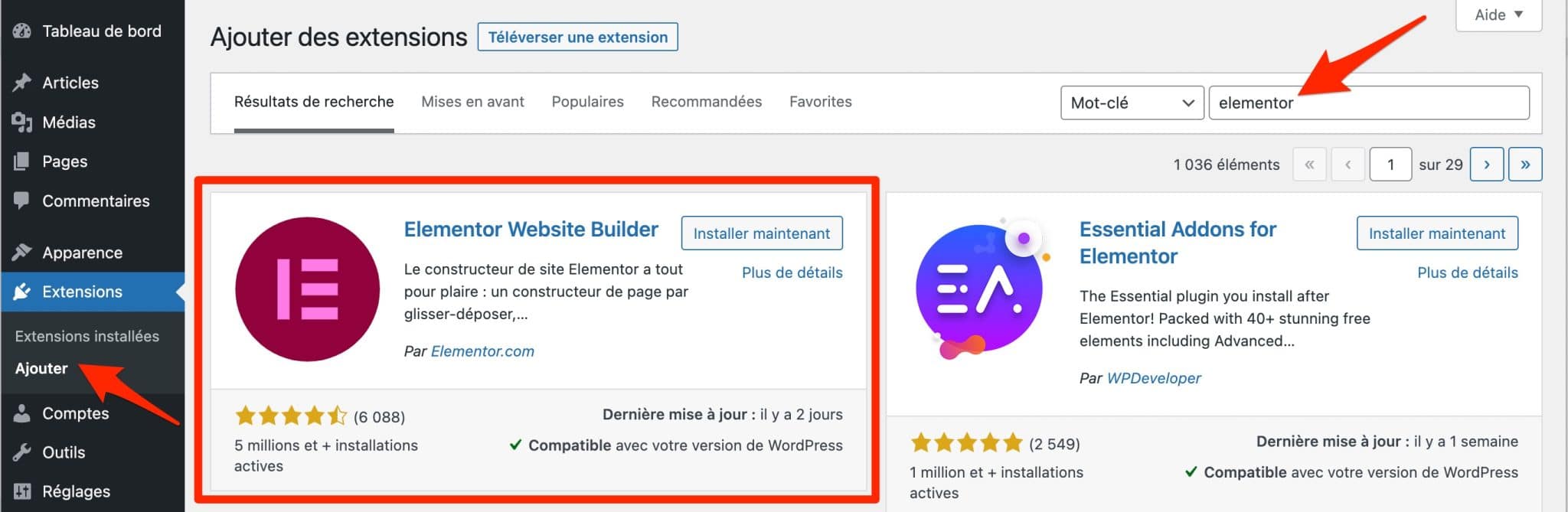Installation d'Elementor sur le back office WordPress. 