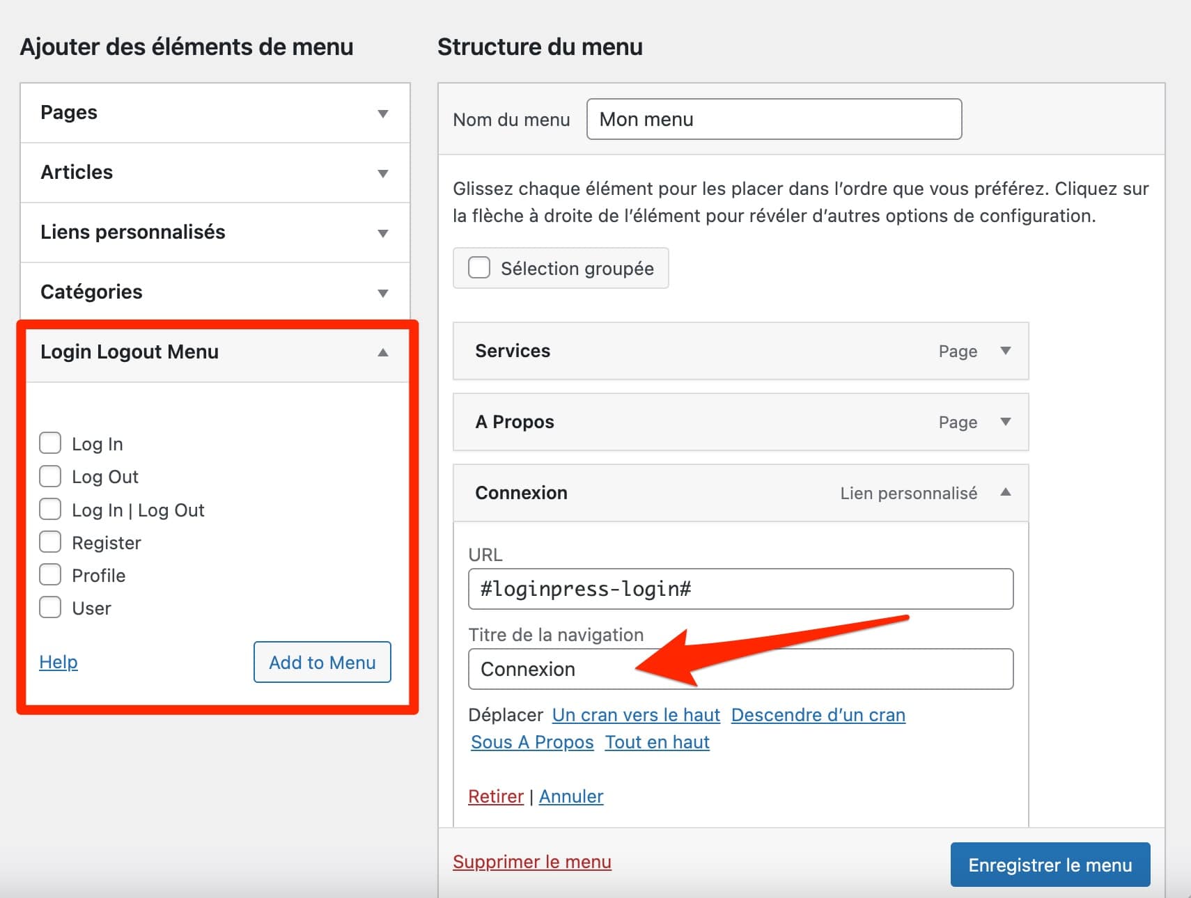 Réglages de l'extension Login Logout Menu.