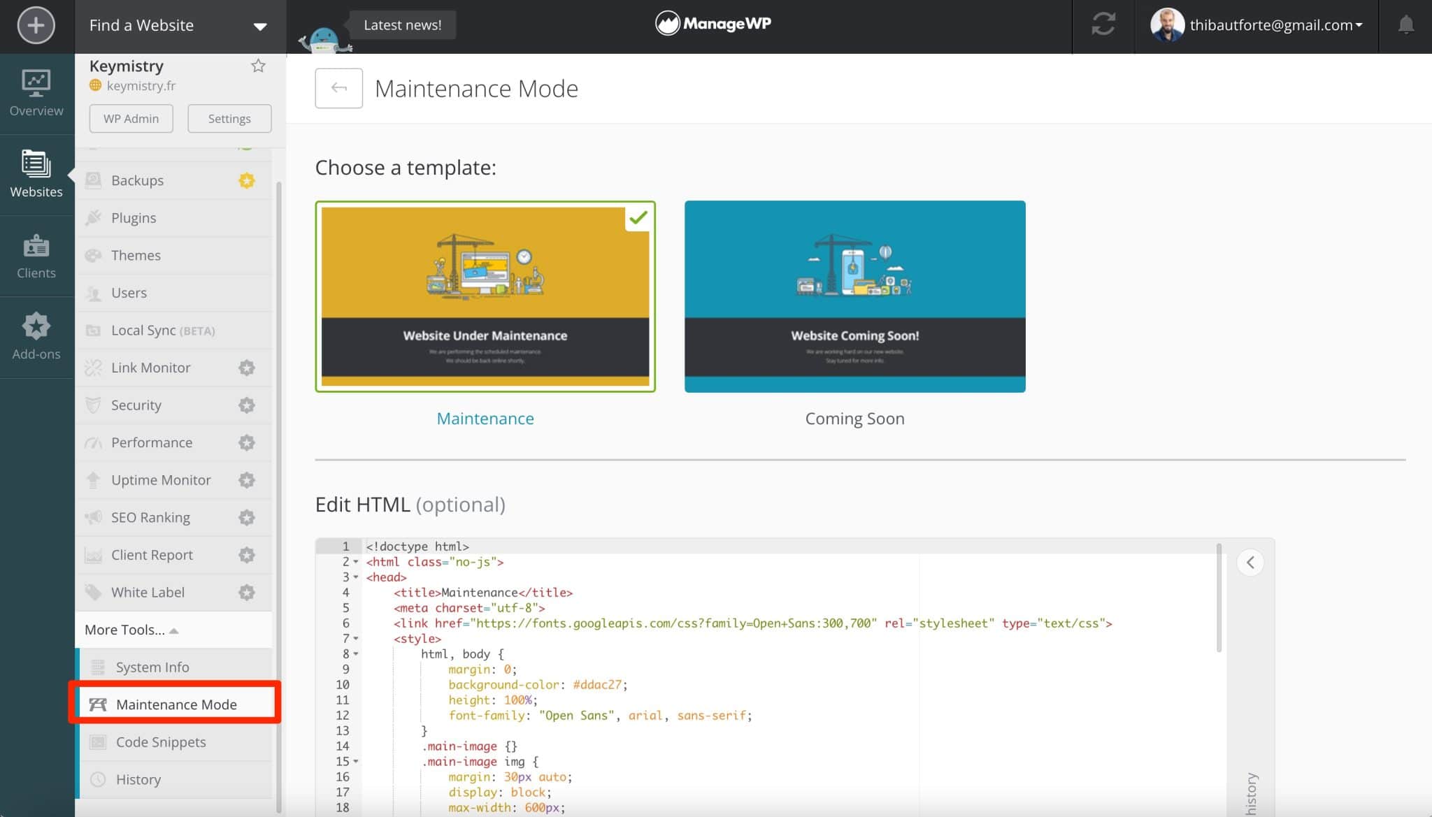 ManageWP permet d'activer une page de maintenance sur votre site WordPress.