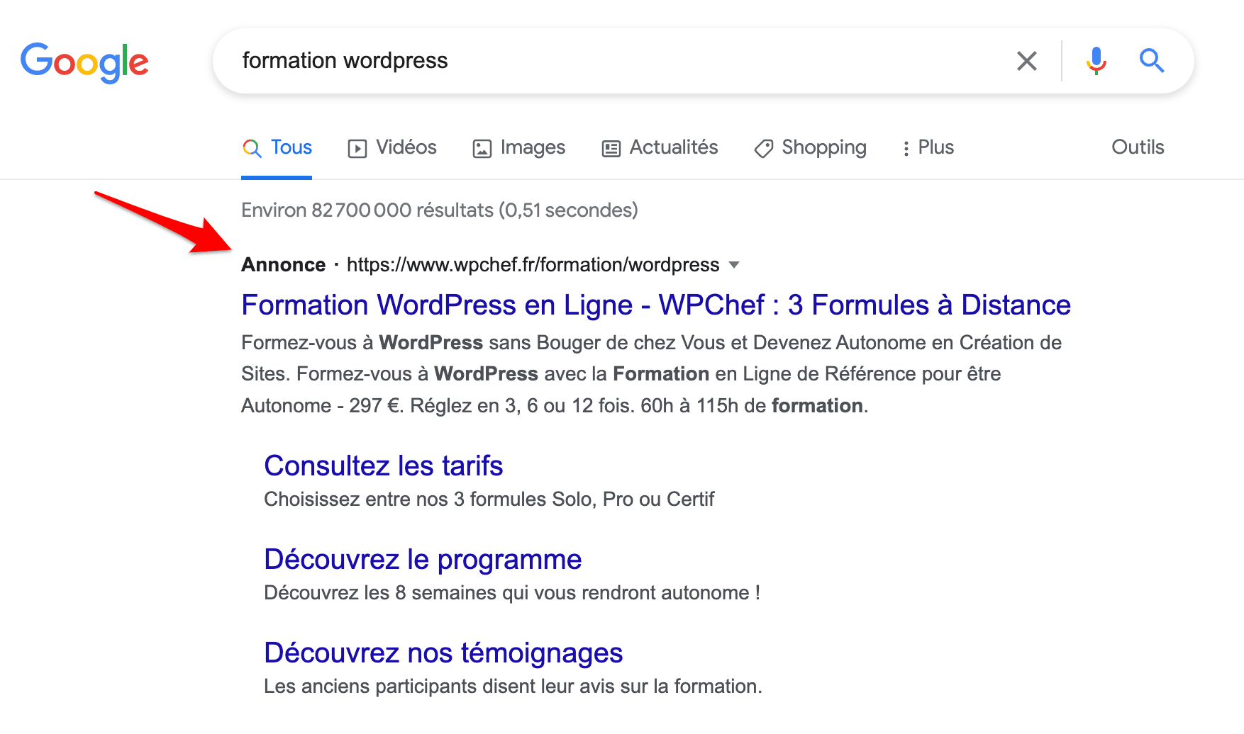 Google affiche une page WordPress tout en haut de ses résultats de recherche : il s'agit de SEA (référencement payant).