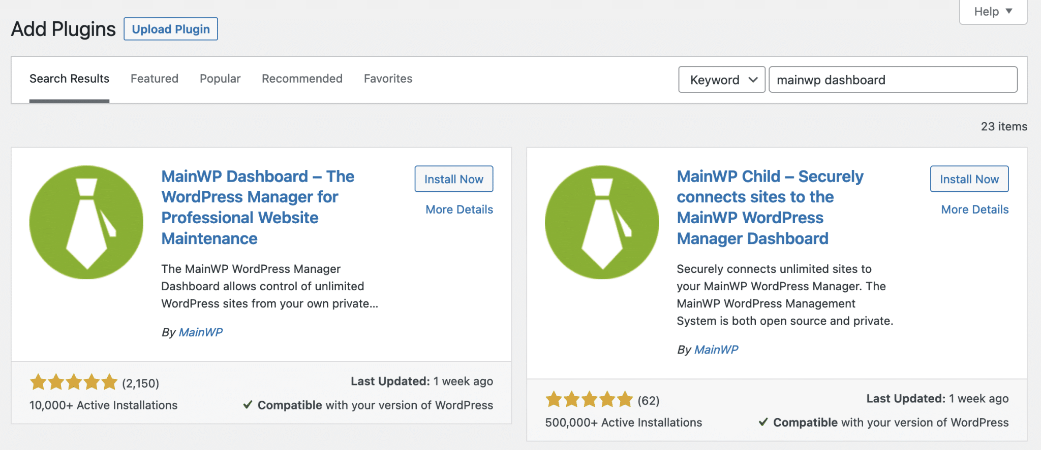 Download page of the 2 plugins offered by MainWP.