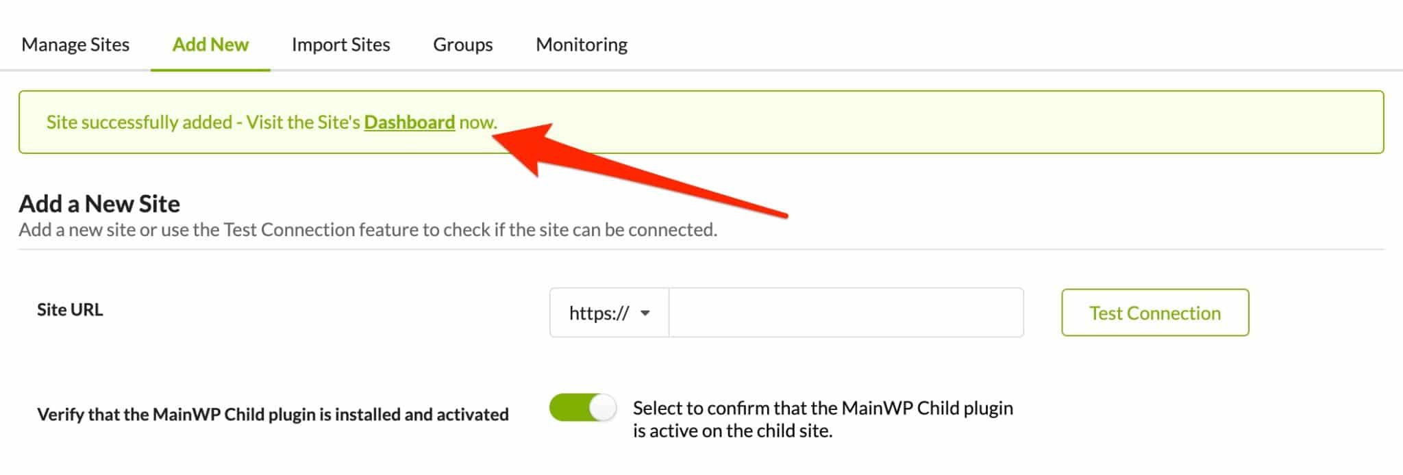 Addition of a new site on MainWP.