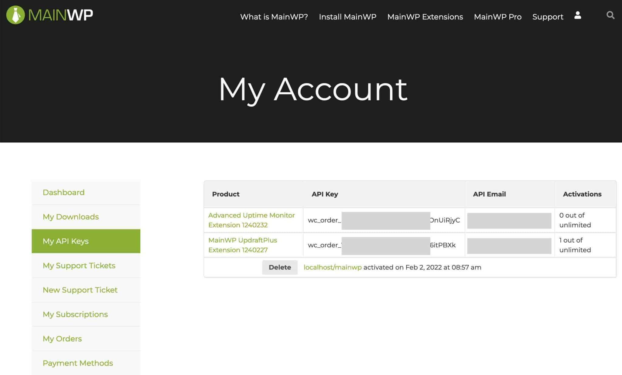 API keys in MainWP.
