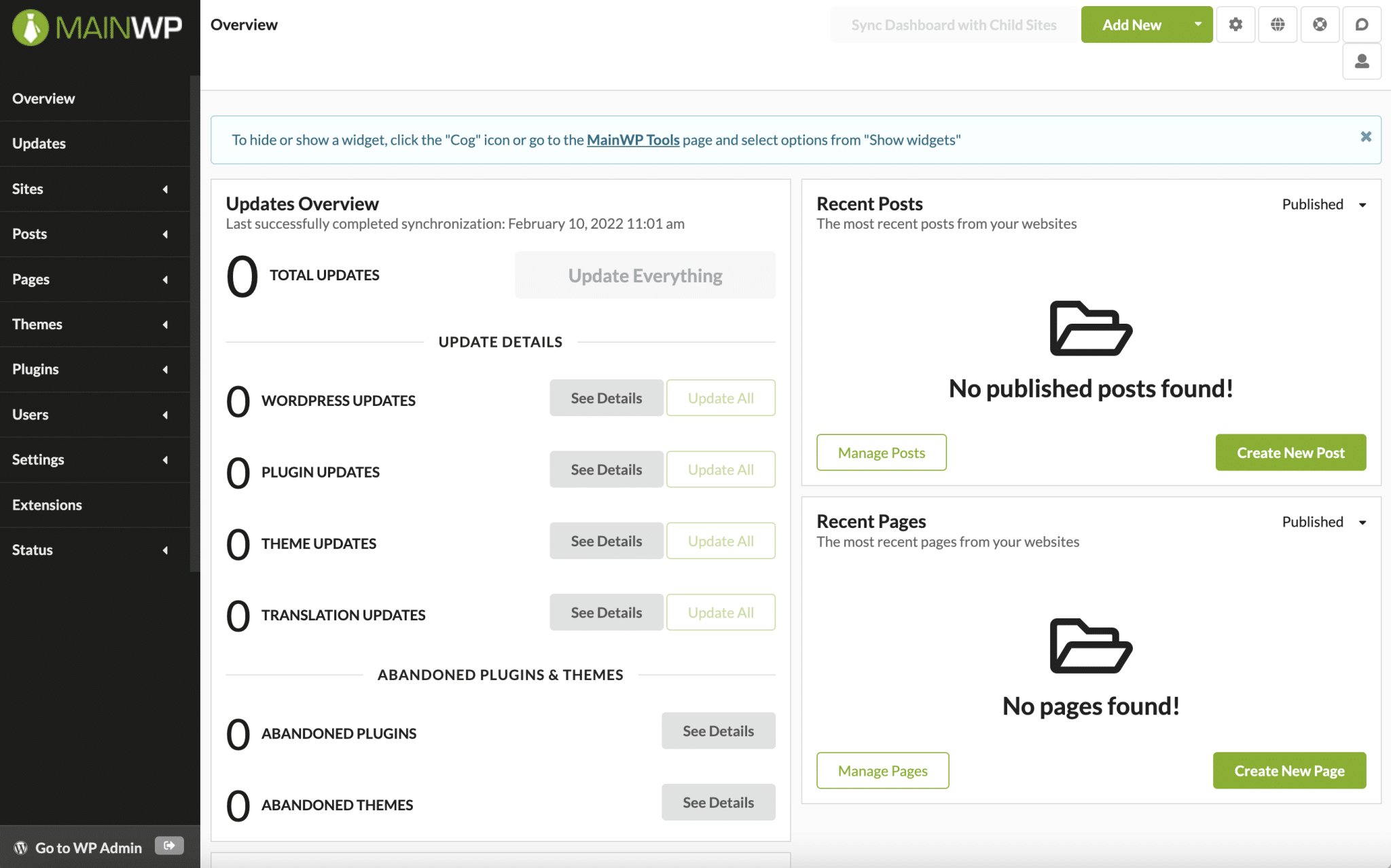 Overview of the MainWP dashboard.