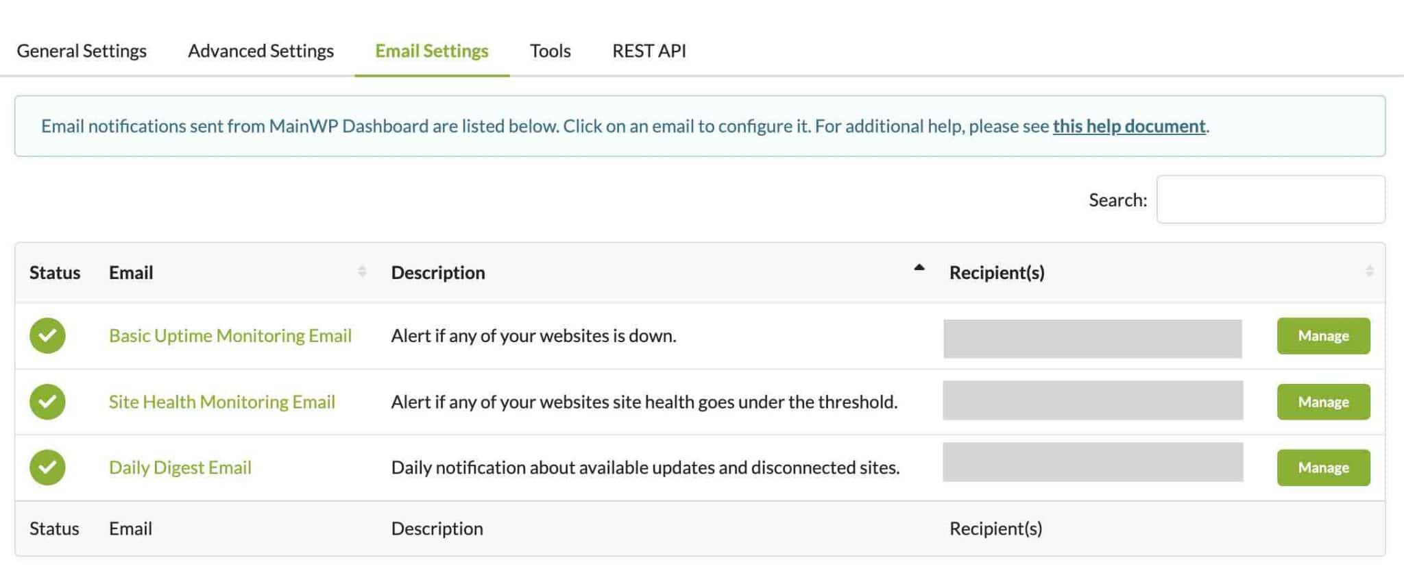 MainWP can send you notifications by email.