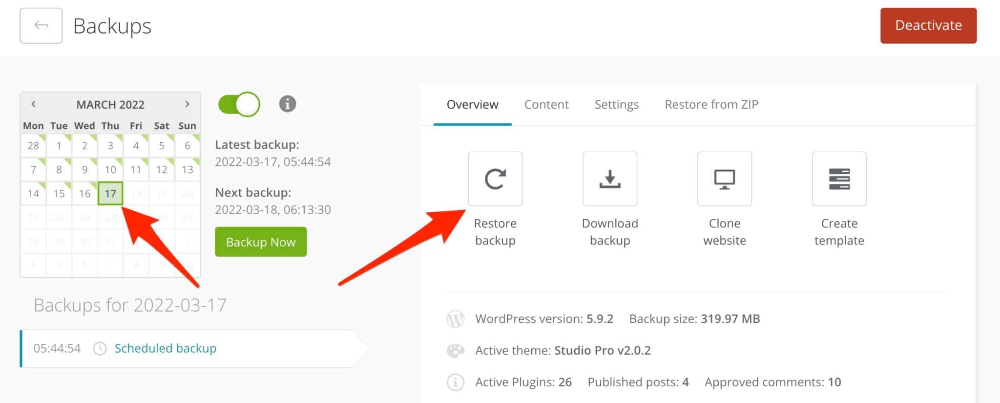 It is possible to restore a backup on ManageWP.