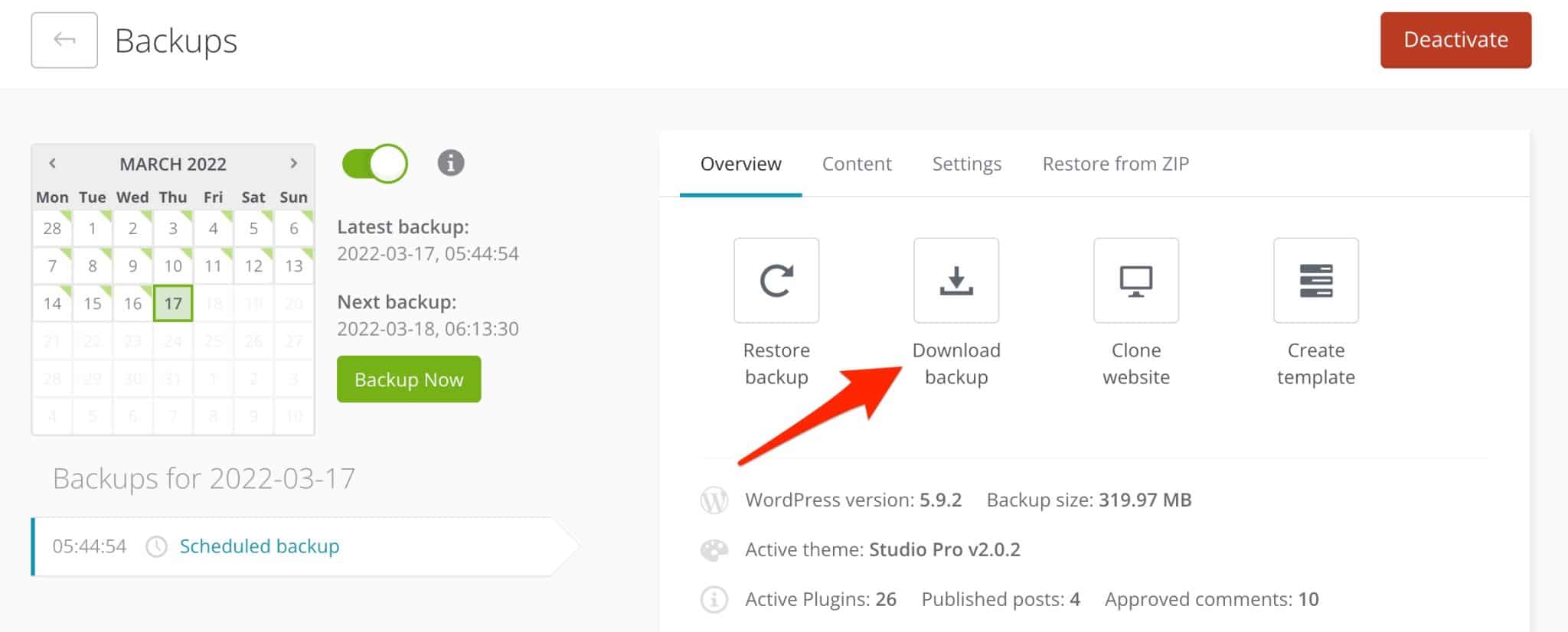 It is possible to download a backup from ManageWP.