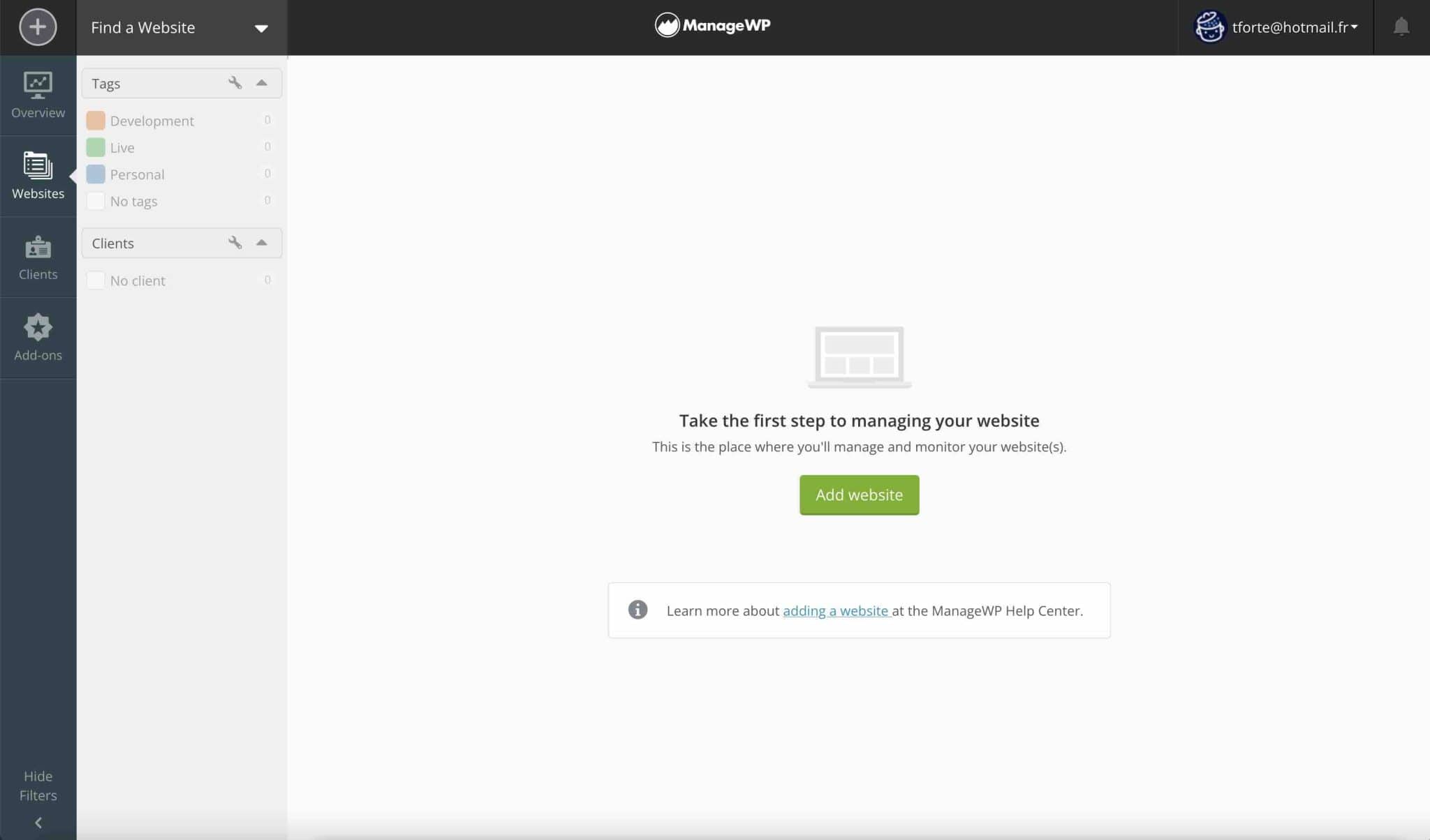 Configuration window after adding your site on ManageWP.