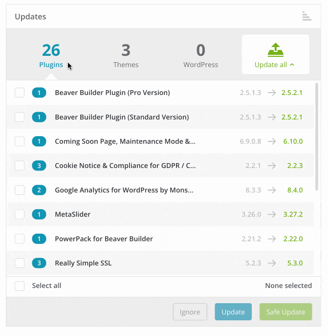 ManageWP allows you to update plugins, themes, translations and WordPress Core.