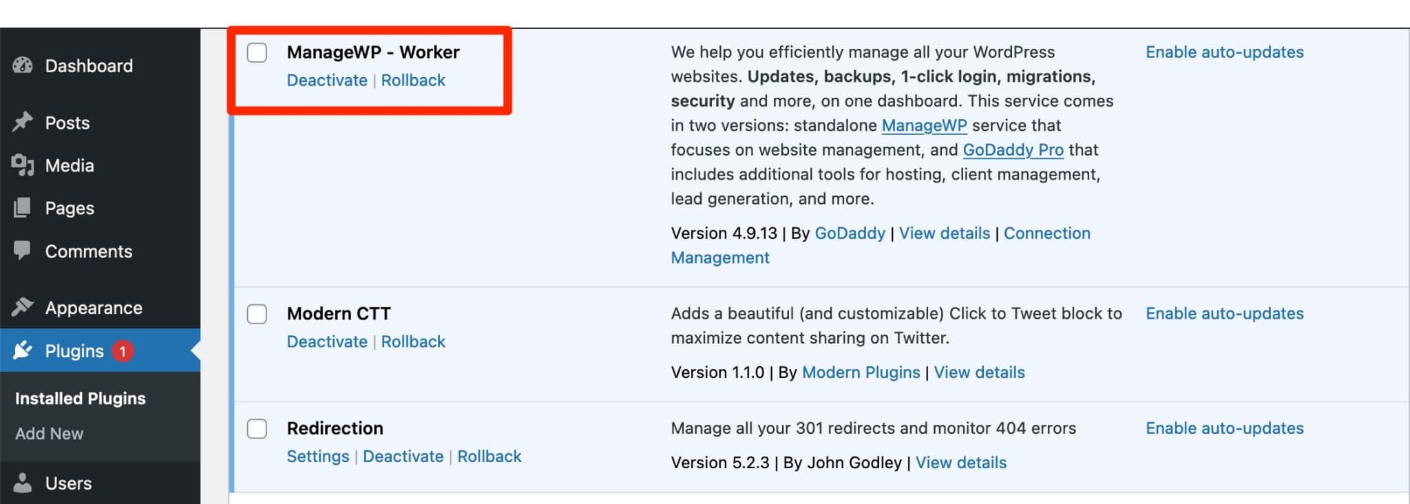 Activation of ManageWP in WordPress.