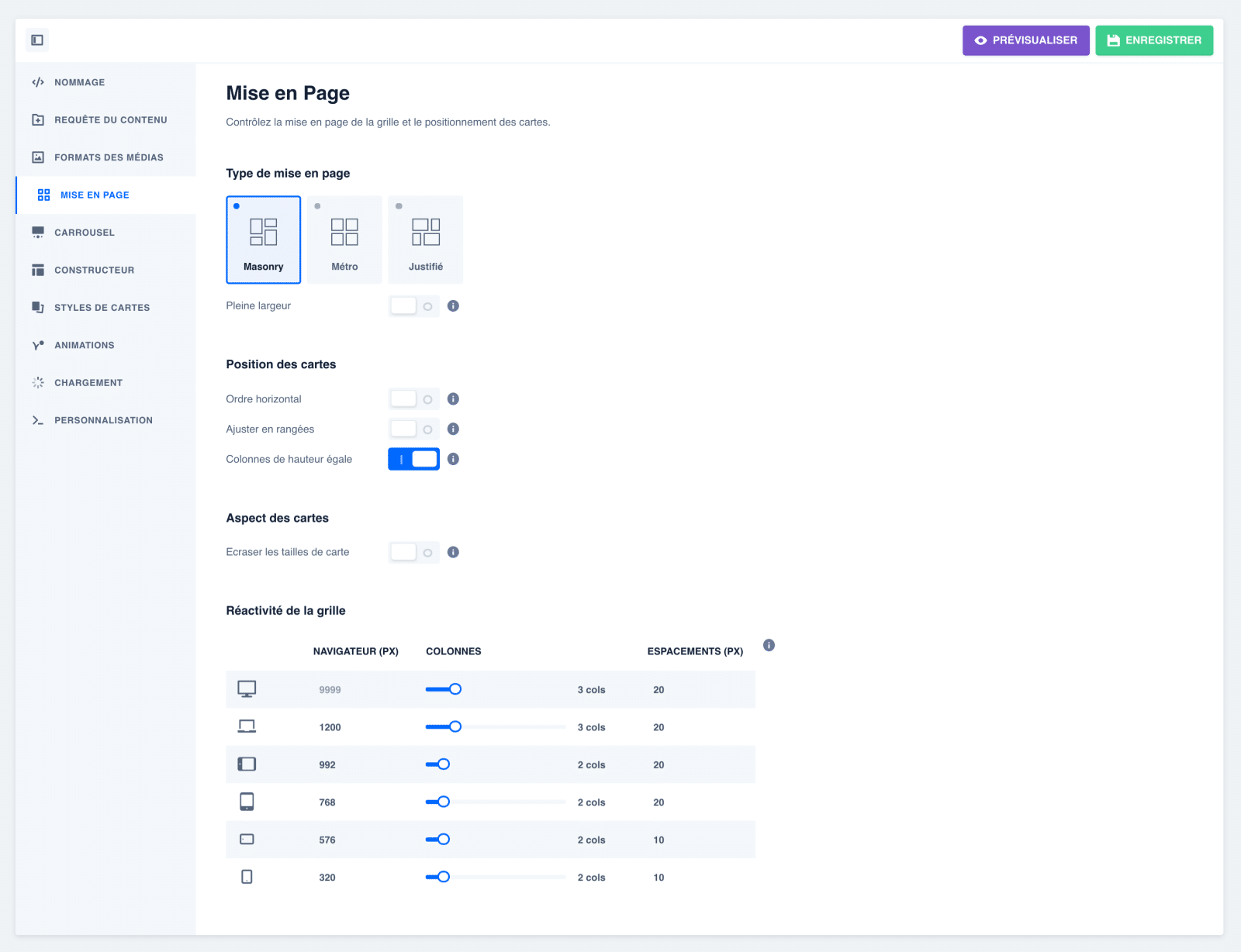 Onglet Mise en page sur WP Grid Builder.