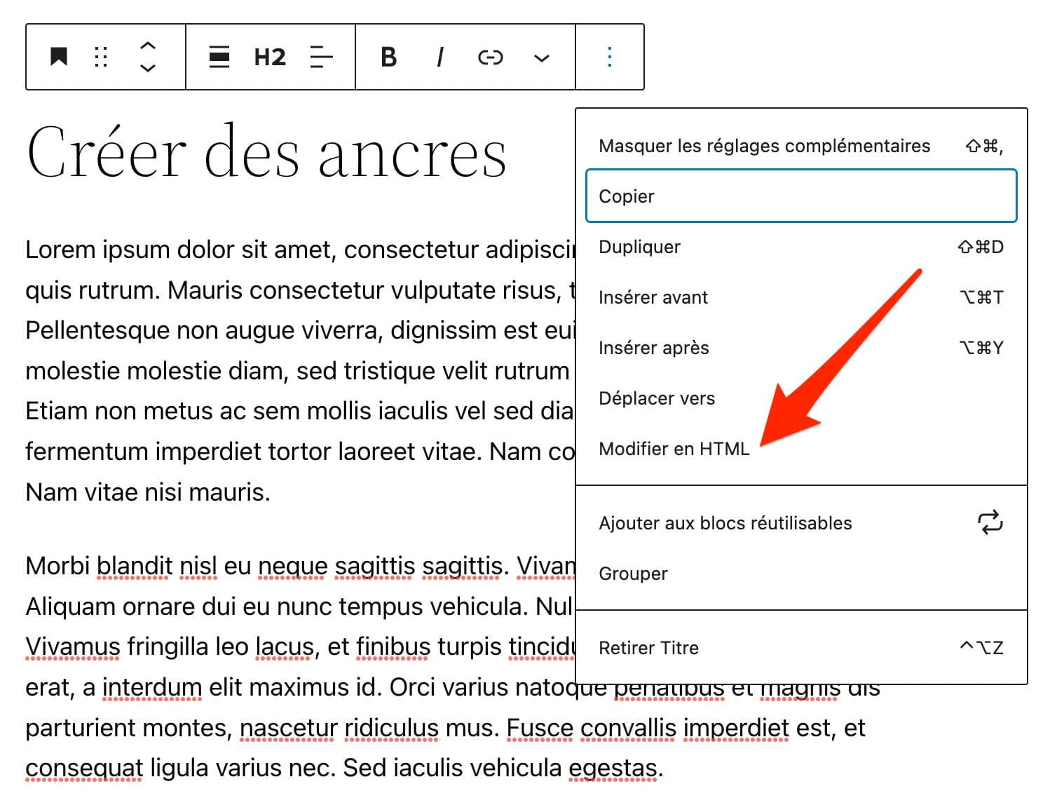 Modification en HTML d'une ancre WordPress.