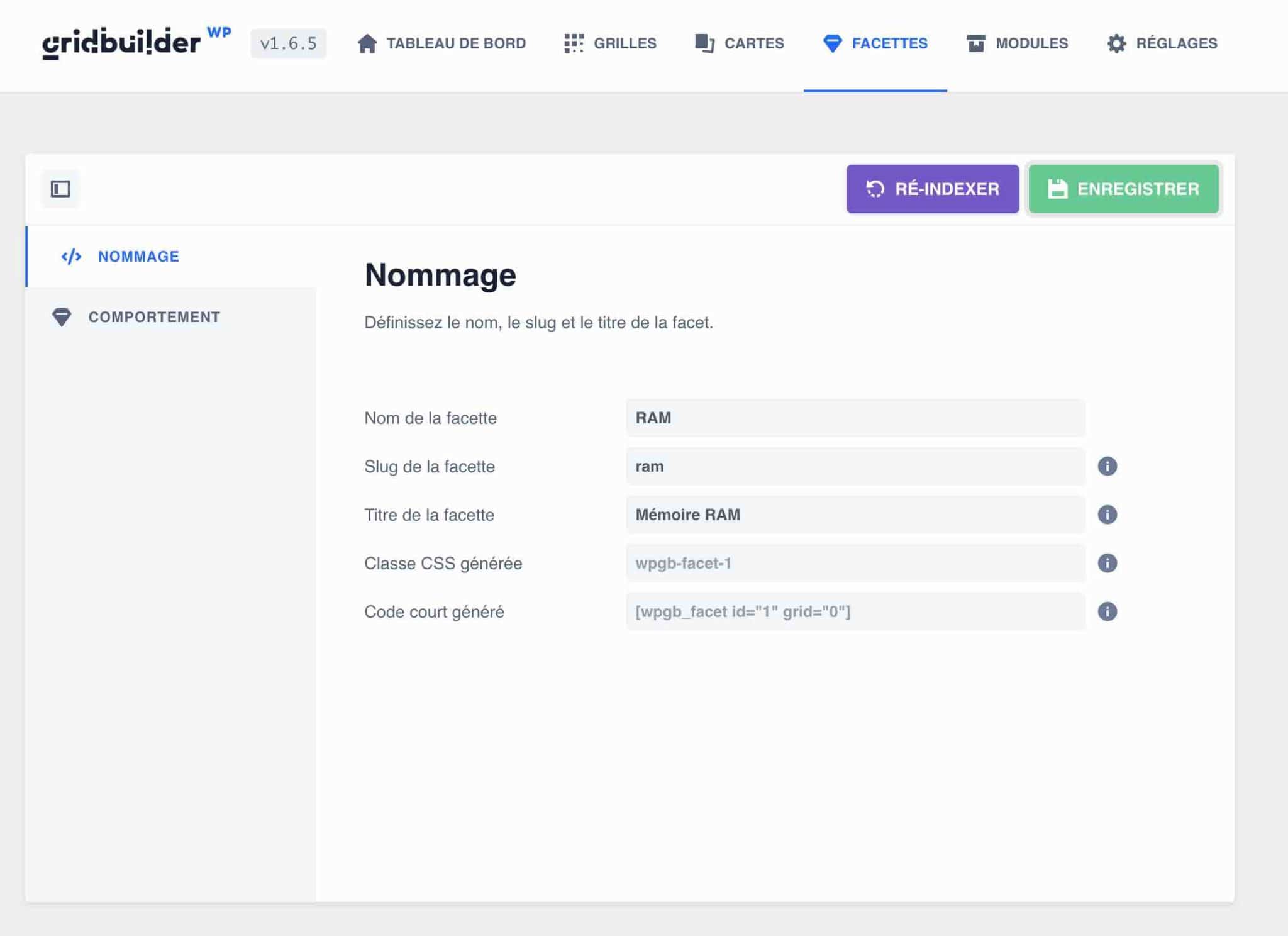 Définition du nommage d'une facette sur WP Grid Builder.