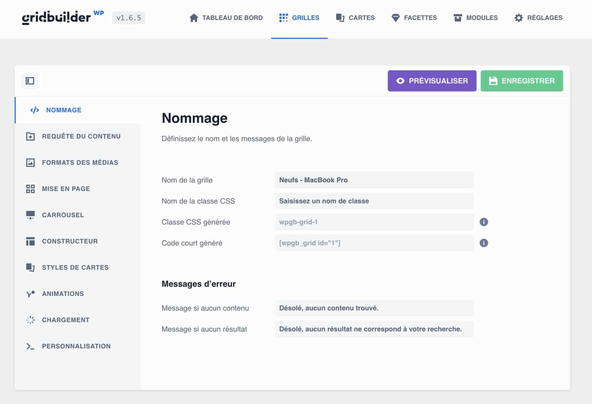 Onglet Nommage de grille de WP Grid Builder.