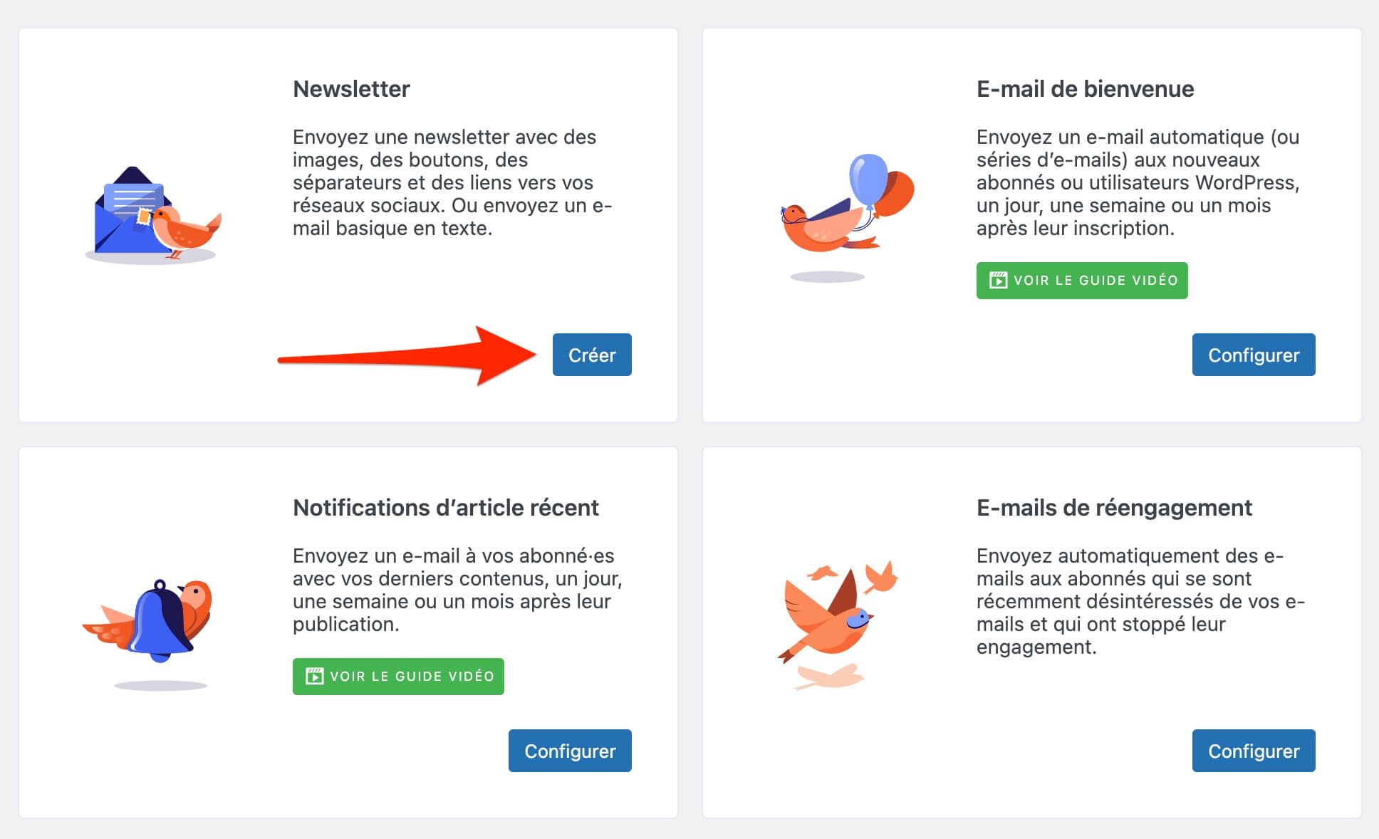 Les différents types d'e-mails proposés par MailPoet sur WordPress.