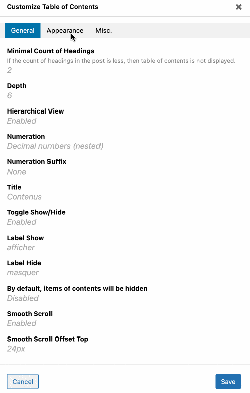 Settings to customize LuckyWP Table of Contents.