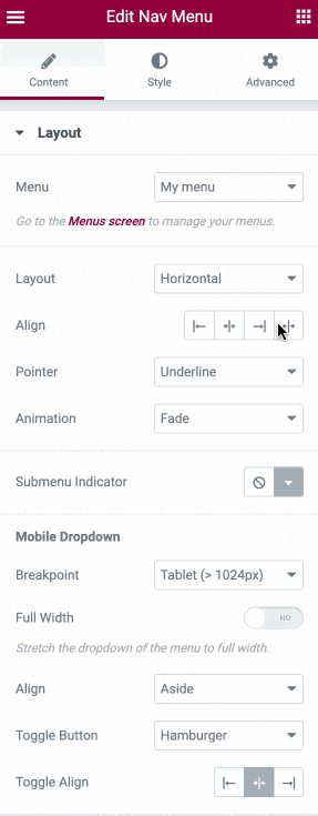 Nav Menu in the Elementor settings.