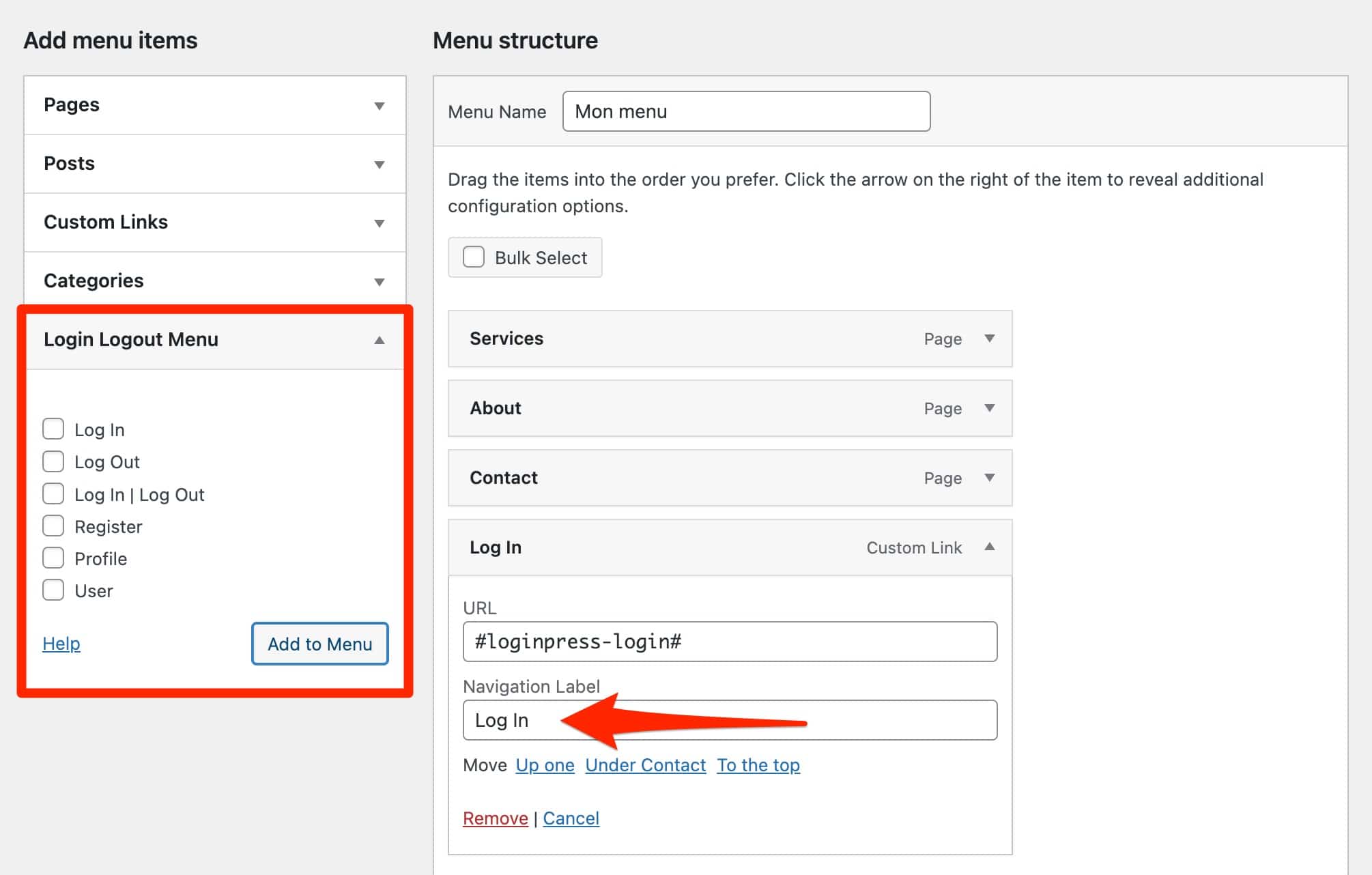 Settings of the Login Logout Menu plugin.