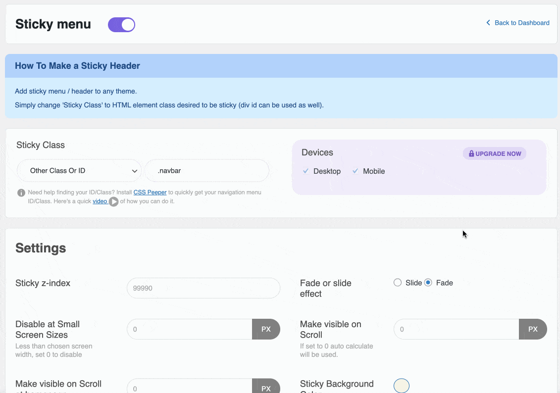 Settings page of myStickyMenu plugin on WordPress.