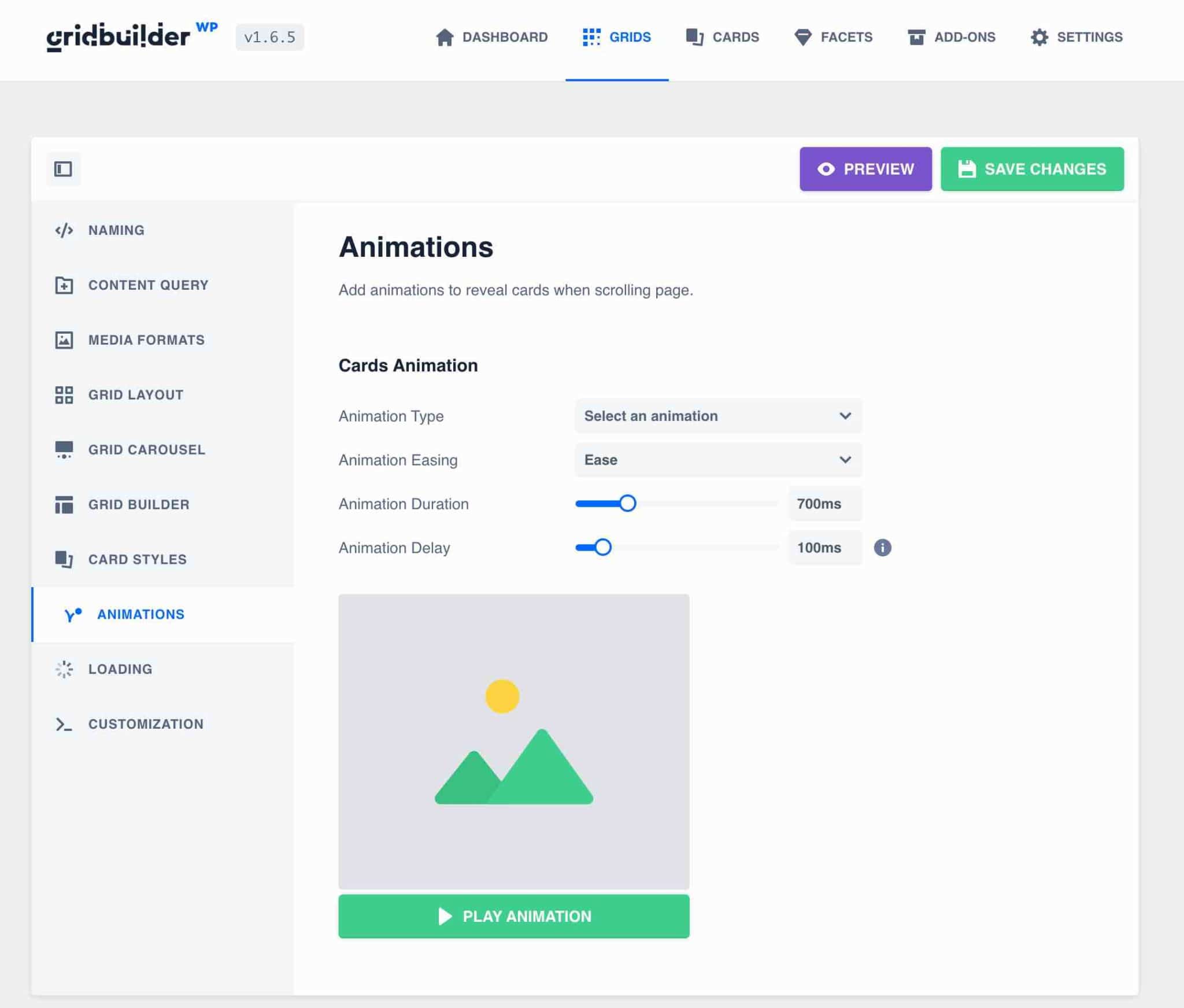 Animations tab of the WP Grid Builder plugin on WordPress.