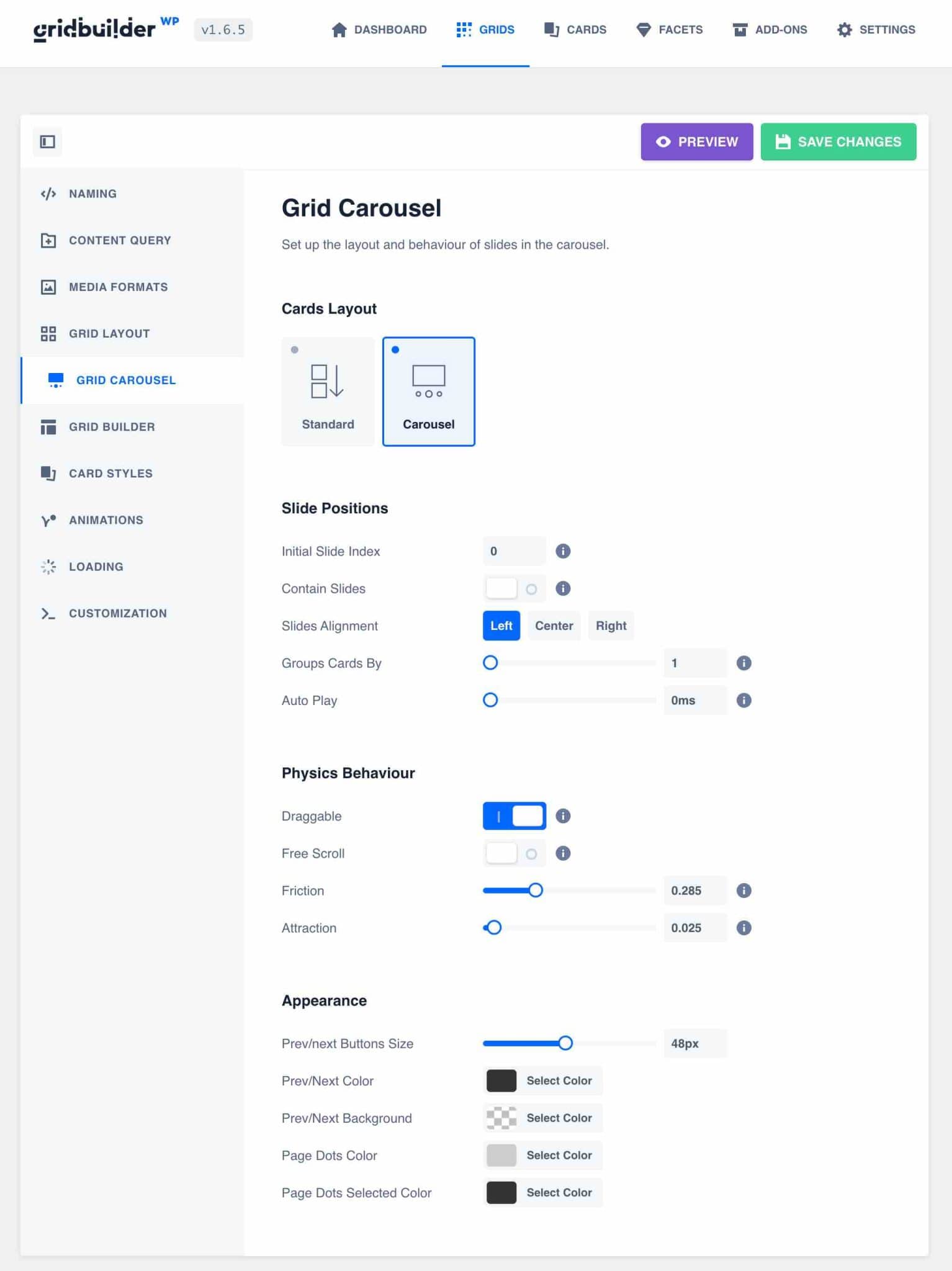 Grid Carousel tab in WP Grid Builder.