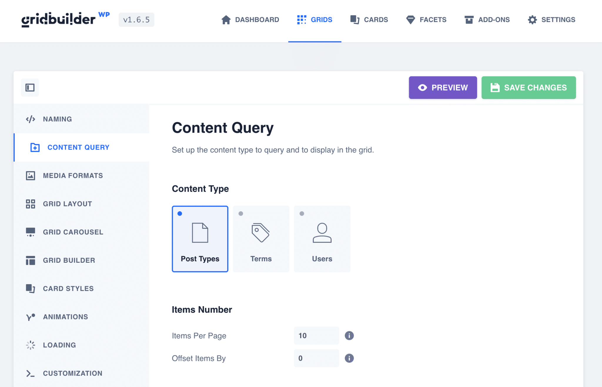 Content Query tab on WP Grid Builder on WordPress.