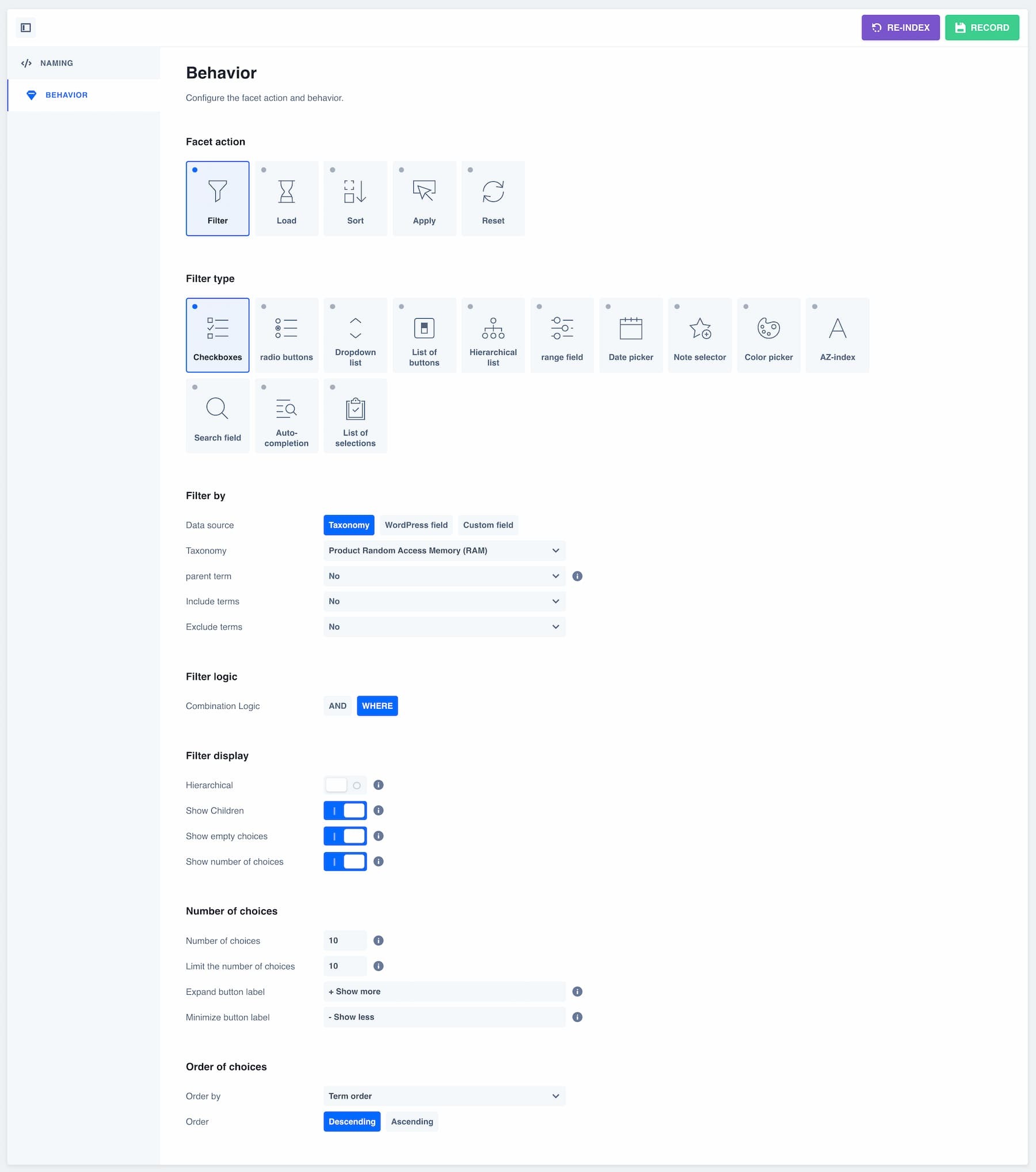 Configuration of the facet action and behavior on WP Grid Builder.