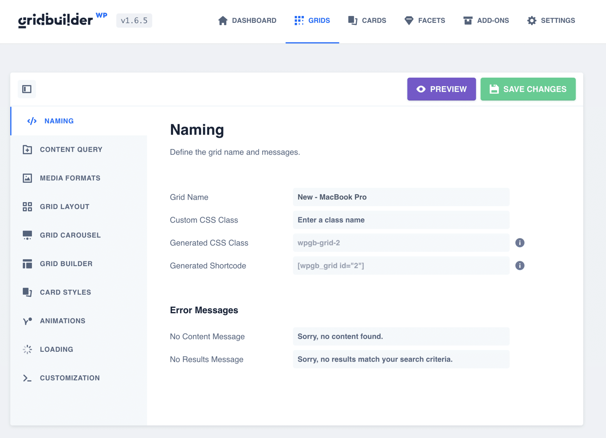 Naming tab of the grid on WP Grid Builder.