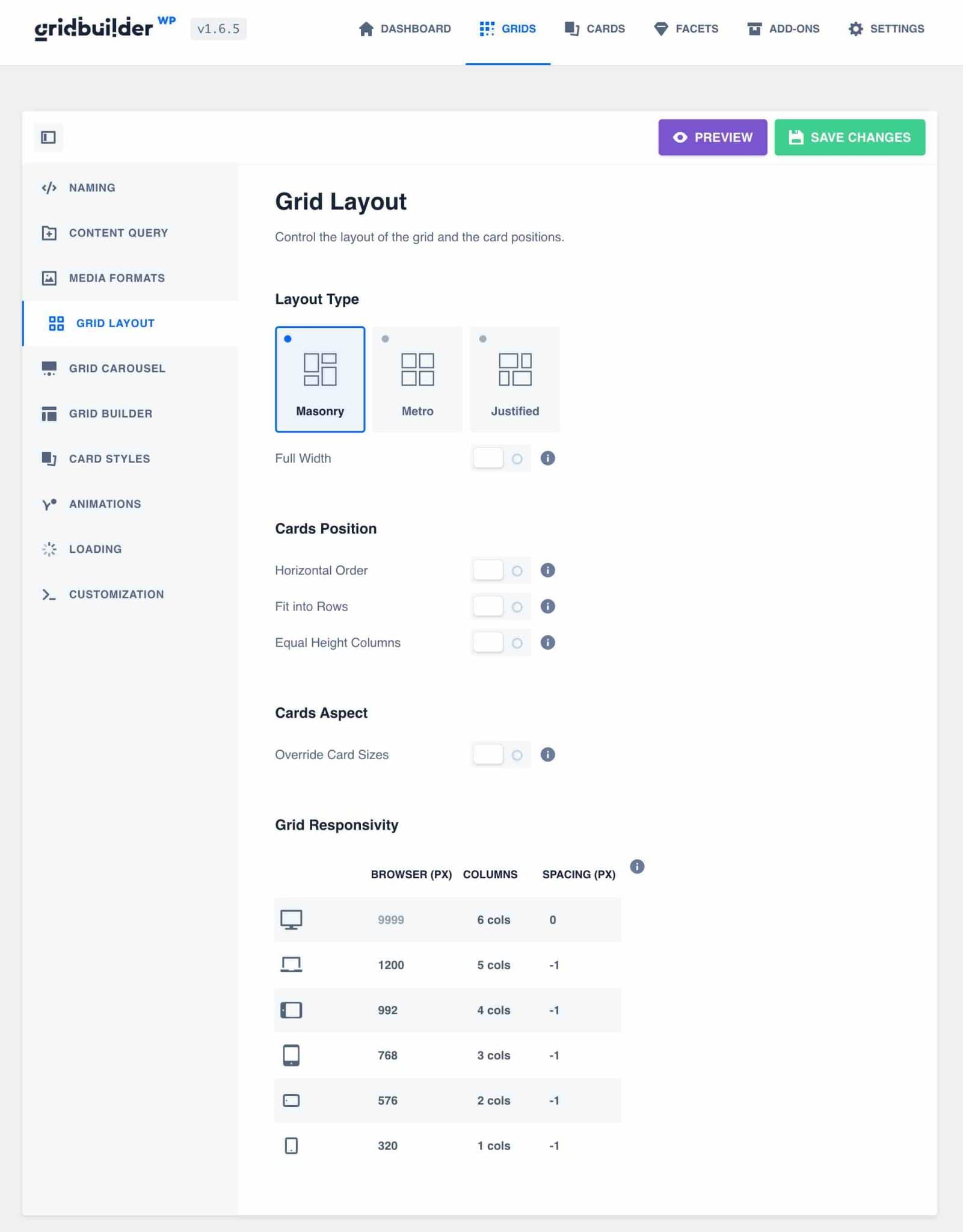 Grid Layout tab on WP Grid Builder.