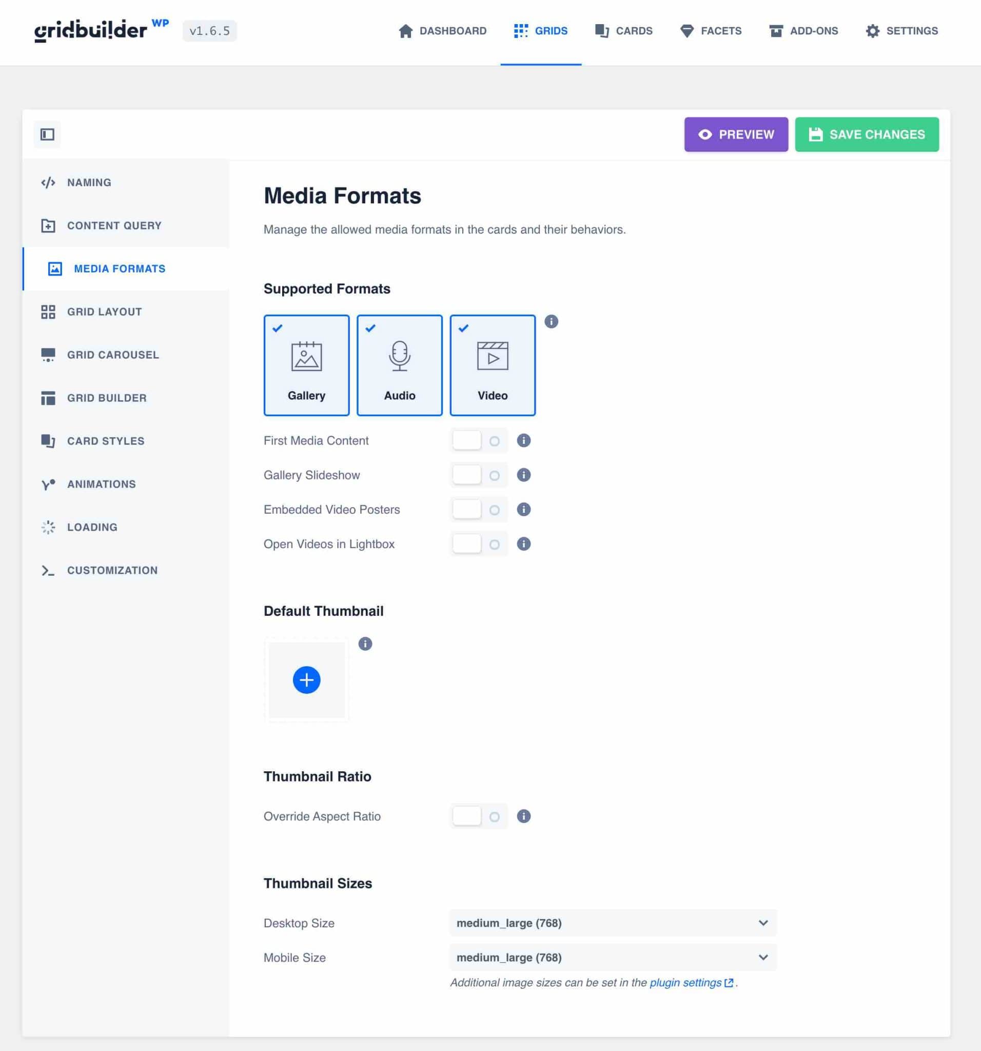 Media Formats tab in WP Grid Builder.